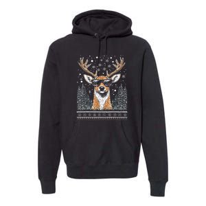 Funny Christmas Reindeer With Sunglasses Ugly Christmas Gift Premium Hoodie