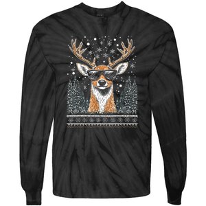 Funny Christmas Reindeer With Sunglasses Ugly Christmas Gift Tie-Dye Long Sleeve Shirt