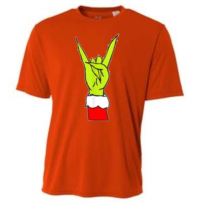 Funny Christmas Rock On Hand Rock & Roll Elf Xmas Gift Cooling Performance Crew T-Shirt