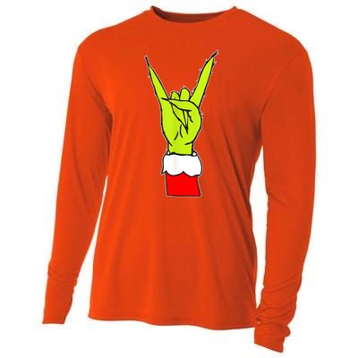 Funny Christmas Rock On Hand Rock & Roll Elf Xmas Gift Cooling Performance Long Sleeve Crew