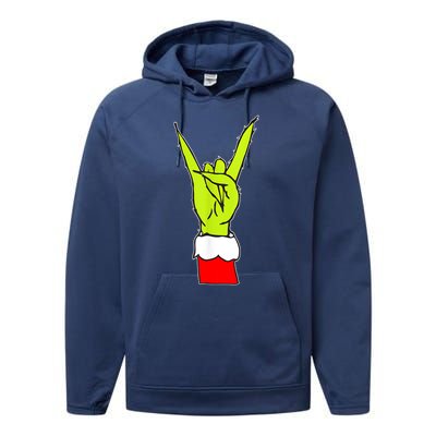 Funny Christmas Rock On Hand Rock & Roll Elf Xmas Gift Performance Fleece Hoodie