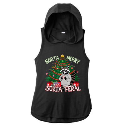 Funny Christmas Raccoon Sorta Merry Sorta Santa Feral Xmas Ladies PosiCharge Tri-Blend Wicking Draft Hoodie Tank