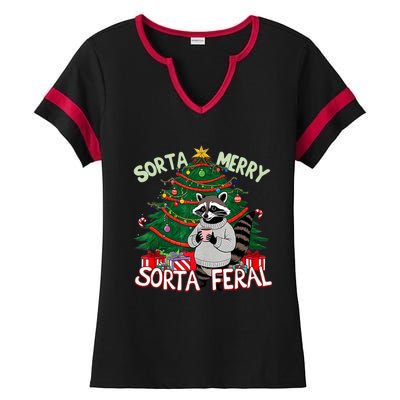 Funny Christmas Raccoon Sorta Merry Sorta Santa Feral Xmas Ladies Halftime Notch Neck Tee