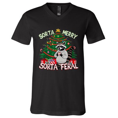 Funny Christmas Raccoon Sorta Merry Sorta Santa Feral Xmas V-Neck T-Shirt