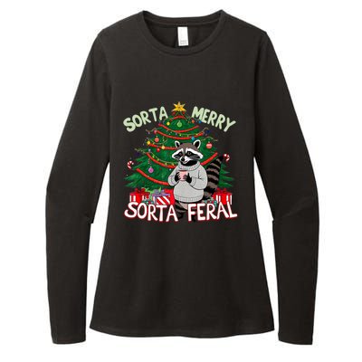 Funny Christmas Raccoon Sorta Merry Sorta Santa Feral Xmas Womens CVC Long Sleeve Shirt