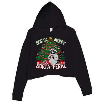 Funny Christmas Raccoon Sorta Merry Sorta Santa Feral Xmas Crop Fleece Hoodie