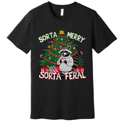 Funny Christmas Raccoon Sorta Merry Sorta Santa Feral Xmas Premium T-Shirt