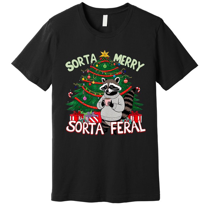 Funny Christmas Raccoon Sorta Merry Sorta Santa Feral Xmas Premium T-Shirt