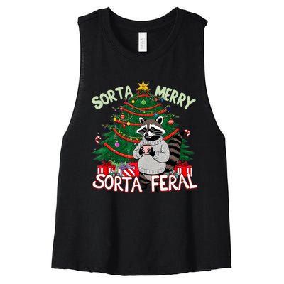 Funny Christmas Raccoon Sorta Merry Sorta Santa Feral Xmas Women's Racerback Cropped Tank