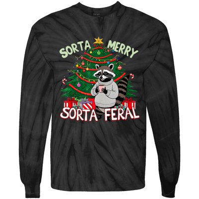 Funny Christmas Raccoon Sorta Merry Sorta Santa Feral Xmas Tie-Dye Long Sleeve Shirt