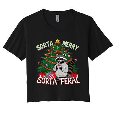 Funny Christmas Raccoon Sorta Merry Sorta Santa Feral Xmas Women's Crop Top Tee