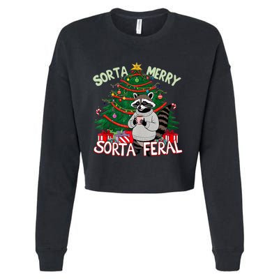 Funny Christmas Raccoon Sorta Merry Sorta Santa Feral Xmas Cropped Pullover Crew