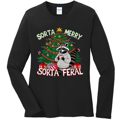 Funny Christmas Raccoon Sorta Merry Sorta Santa Feral Xmas Ladies Long Sleeve Shirt