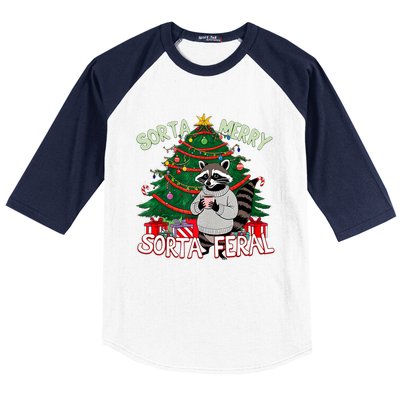 Funny Christmas Raccoon Sorta Merry Sorta Santa Feral Xmas Baseball Sleeve Shirt