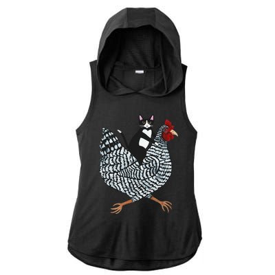 Funny Cat Riding Chicken Tuxedo Cat On A Chicken Lover Ladies PosiCharge Tri-Blend Wicking Draft Hoodie Tank