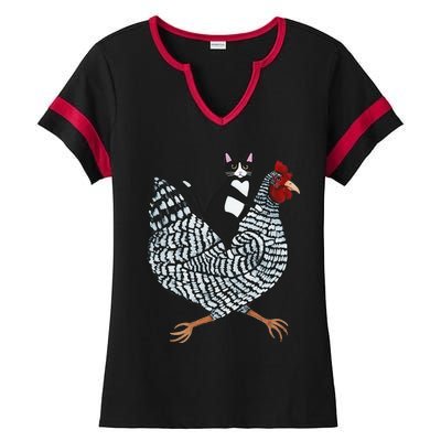 Funny Cat Riding Chicken Tuxedo Cat On A Chicken Lover Ladies Halftime Notch Neck Tee