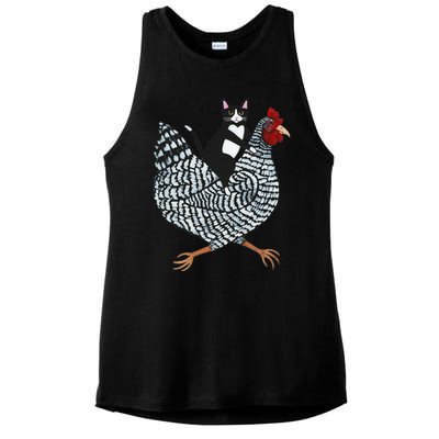 Funny Cat Riding Chicken Tuxedo Cat On A Chicken Lover Ladies PosiCharge Tri-Blend Wicking Tank