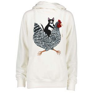 Funny Cat Riding Chicken Tuxedo Cat On A Chicken Lover Womens Funnel Neck Pullover Hood