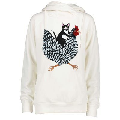 Funny Cat Riding Chicken Tuxedo Cat On A Chicken Lover Womens Funnel Neck Pullover Hood