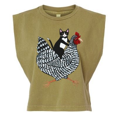 Funny Cat Riding Chicken Tuxedo Cat On A Chicken Lover Garment-Dyed Women's Muscle Tee