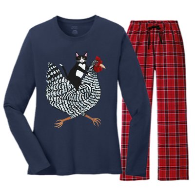 Funny Cat Riding Chicken Tuxedo Cat On A Chicken Lover Women's Long Sleeve Flannel Pajama Set 