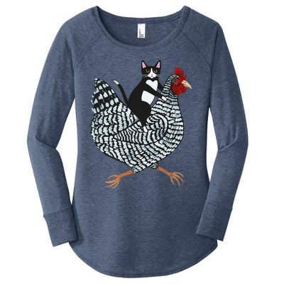 Funny Cat Riding Chicken Tuxedo Cat On A Chicken Lover Women's Perfect Tri Tunic Long Sleeve Shirt