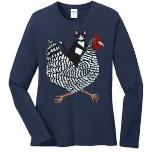 Funny Cat Riding Chicken Tuxedo Cat On A Chicken Lover Ladies Long Sleeve Shirt