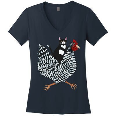 Funny Cat Riding Chicken Tuxedo Cat On A Chicken Lover Women's V-Neck T-Shirt