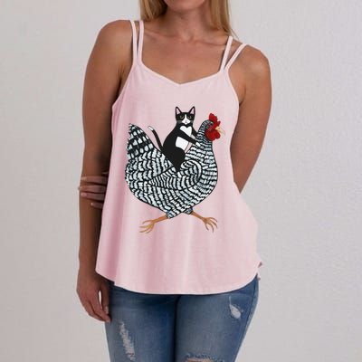 Funny Cat Riding Chicken Tuxedo Cat On A Chicken Lover Women's Strappy Tank