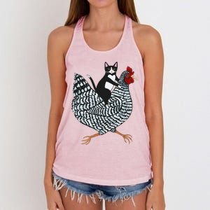 Funny Cat Riding Chicken Tuxedo Cat On A Chicken Lover Women's Knotted Racerback Tank