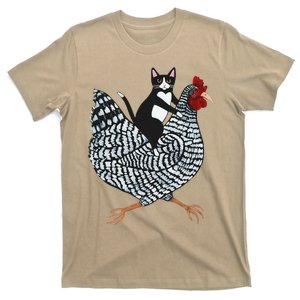 Funny Cat Riding Chicken Tuxedo Cat On A Chicken Lover T-Shirt