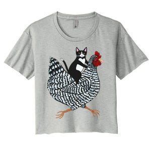 Funny Cat Riding Chicken Tuxedo Cat On A Chicken Lover Women's Crop Top Tee