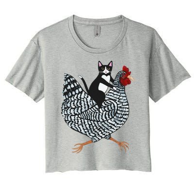 Funny Cat Riding Chicken Tuxedo Cat On A Chicken Lover Women's Crop Top Tee