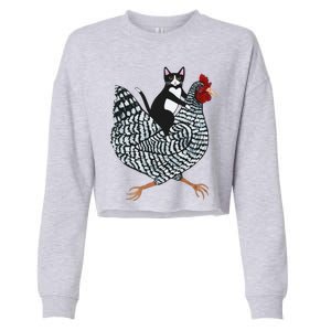 Funny Cat Riding Chicken Tuxedo Cat On A Chicken Lover Cropped Pullover Crew