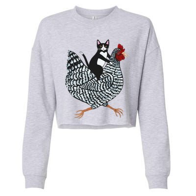 Funny Cat Riding Chicken Tuxedo Cat On A Chicken Lover Cropped Pullover Crew