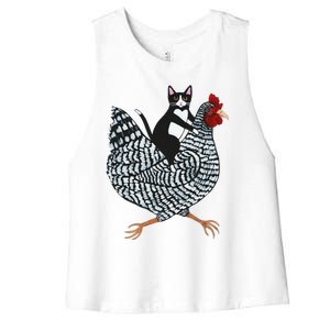 Funny Cat Riding Chicken Tuxedo Cat On A Chicken Lover Women's Racerback Cropped Tank