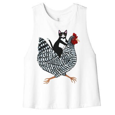 Funny Cat Riding Chicken Tuxedo Cat On A Chicken Lover Women's Racerback Cropped Tank