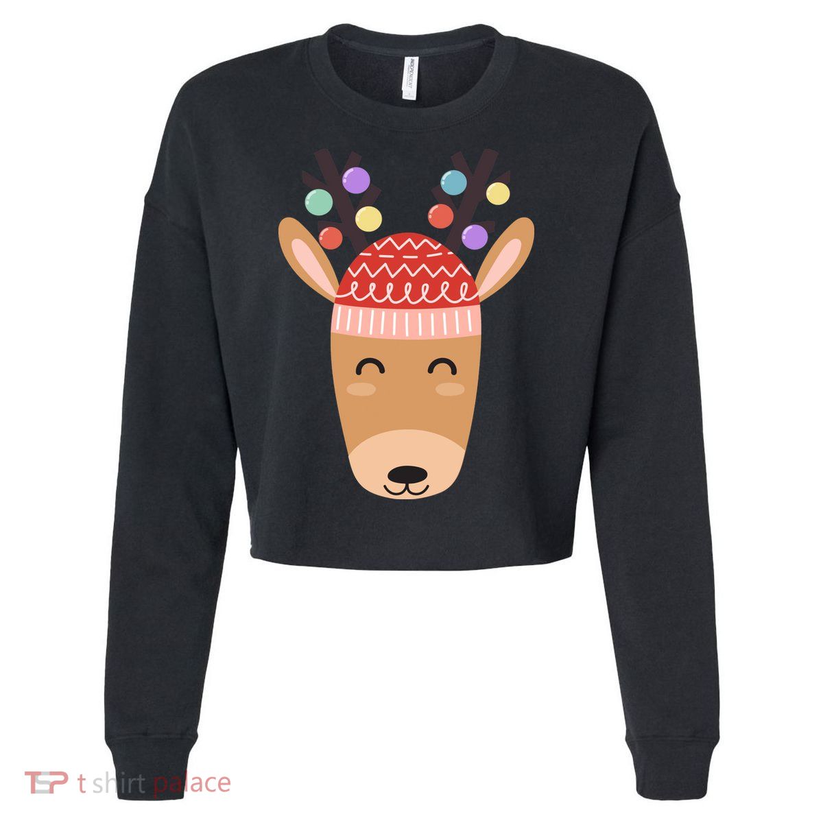 Festive Christmas Reindeer Cropped Pullover Crew