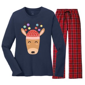 Festive Christmas Reindeer Women's Long Sleeve Flannel Pajama Set 