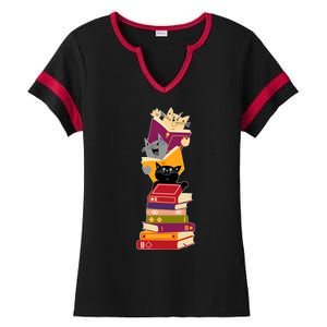 Funny Cats Reading Books Reading Book Lover Ladies Halftime Notch Neck Tee