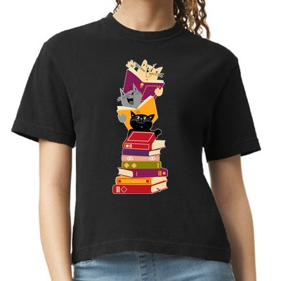 Funny Cats Reading Books Reading Book Lover Comfort Colors Boxy T-Shirt