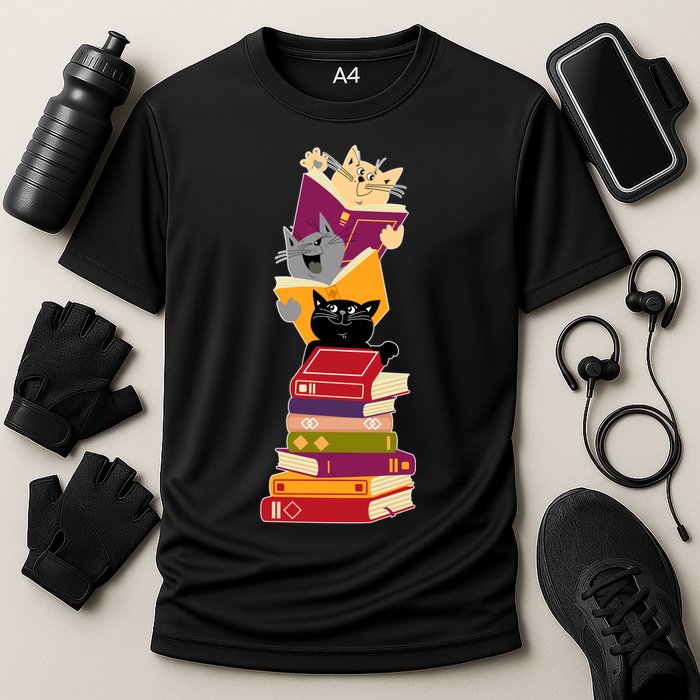 Funny Cats Reading Books Reading Book Lover Performance Shirt