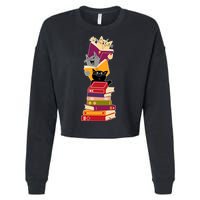 Funny Cats Reading Books Reading Book Lover Cropped Pullover Crew