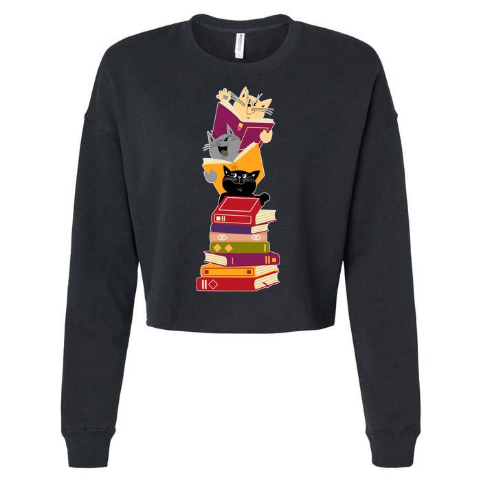 Funny Cats Reading Books Reading Book Lover Cropped Pullover Crew
