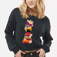 Funny Cats Reading Books Reading Book Lover Cropped Pullover Crew