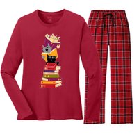 Funny Cats Reading Books Reading Book Lover Women's Long Sleeve Flannel Pajama Set 