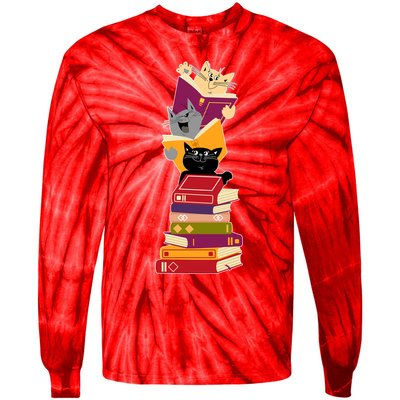 Funny Cats Reading Books Reading Book Lover Tie-Dye Long Sleeve Shirt