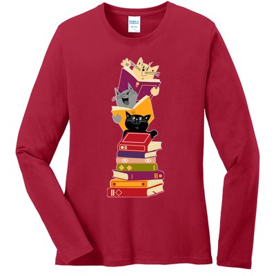 Funny Cats Reading Books Reading Book Lover Ladies Long Sleeve Shirt