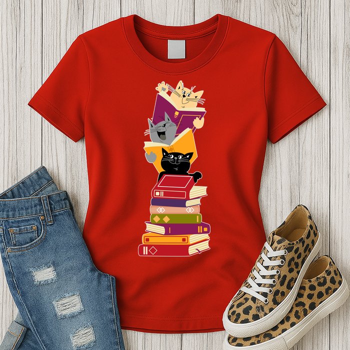 Funny Cats Reading Books Reading Book Lover Womens T-Shirt