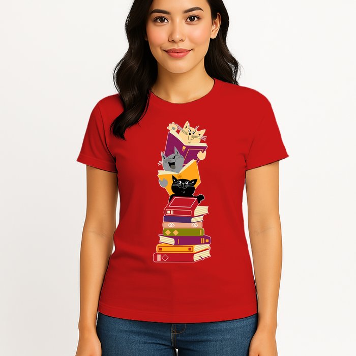 Funny Cats Reading Books Reading Book Lover Womens T-Shirt